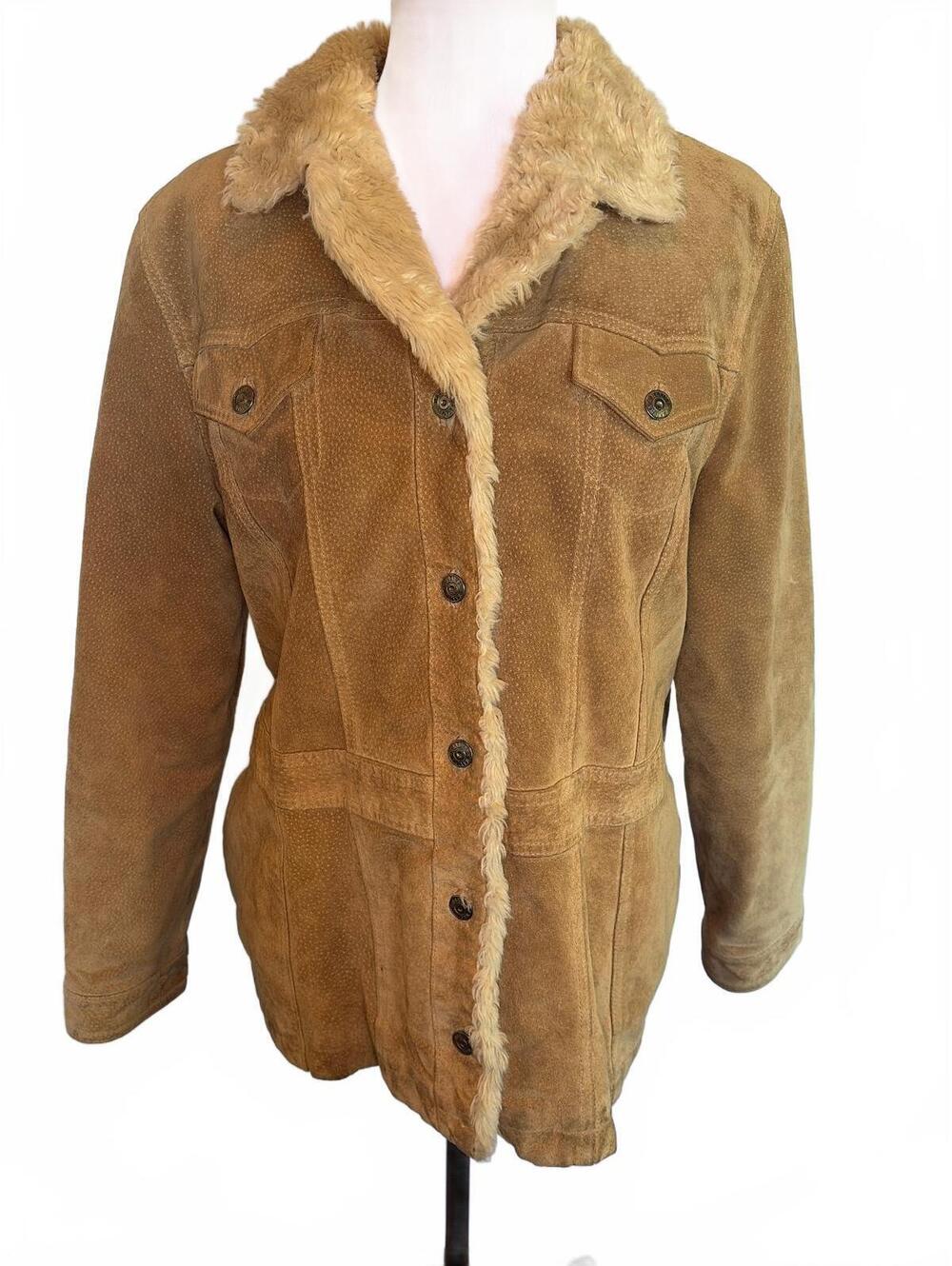 Vintage Wilsons XL Tan Distressed Suede Sherpa Trim Coat 70s Western Americana